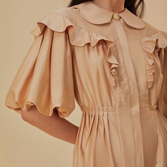 NEW FARM Rio Beige Short Sleeve Mini Dress Ruffle Peter Pan Puffed Size S or M - Picture 2 of 16